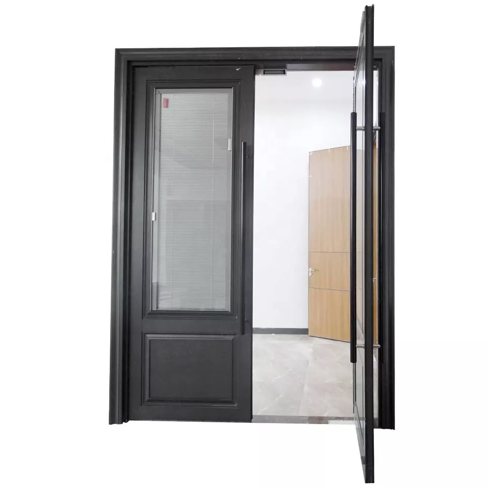 Dual Pane Tempered Glass Window Double Flat Swing Steel Door