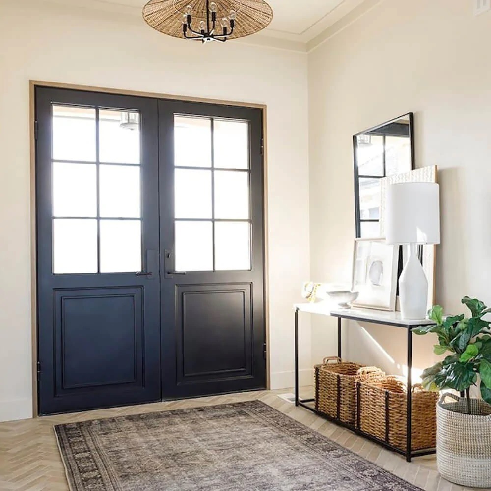 Dual Pane Tempered Glass Window Double Flat Swing Steel Door