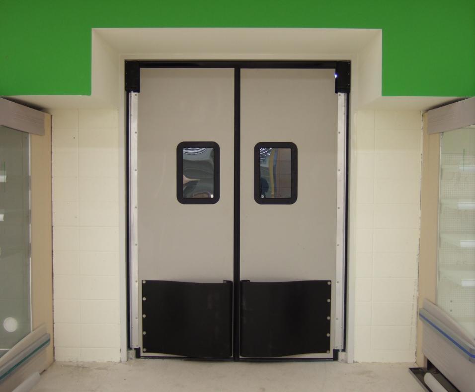 Single Aluminum Swinging Traffic Door with Window Opening Panel
