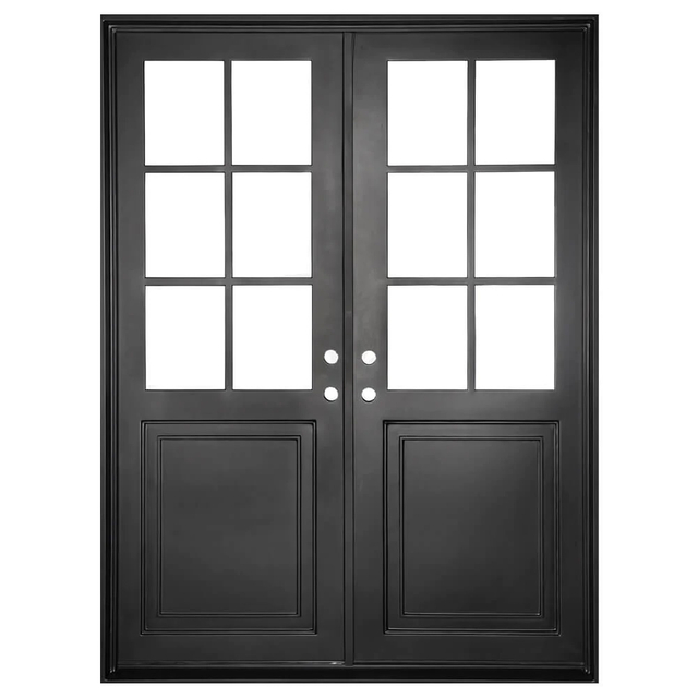 Dual Pane Tempered Glass Window Double Flat Swing Steel Door